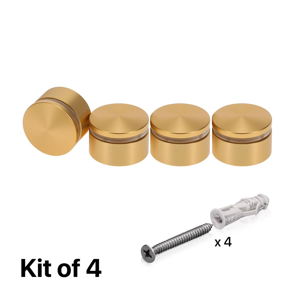 (Set of 4) 1-1/4'' Diameter X 1/2'' Barrel Length, Alumi. Rounded Head Standoffs, Matte Champagne Anodized Finish Standoff with (4) 2216Z Screws and (4) LANC1 Anchors for concrete or drywall (For In / Out use) [Required Material Hole Size: 7/16'']