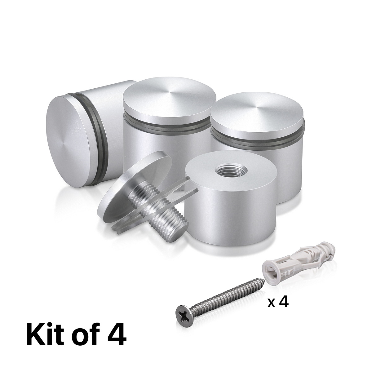 (Set of 4) 1-1/4'' Diameter X 3/4'' Barrel Length, Aluminum Rounded Head Standoffs, Clear Anodized Finish Standoff with (4) 2216Z Screws and (4) LANC1 Anchors for concrete or drywall (For Inside / Outside use) [Required Material Hole Size: 7/16'']