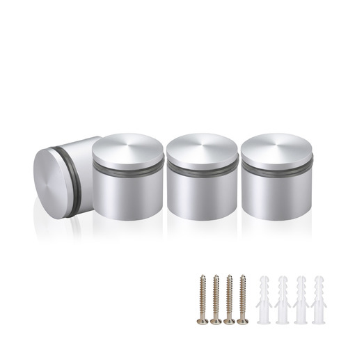 (Set of 4) 1-1/4'' Diameter X 3/4'' Barrel Length, Aluminum Rounded Head Standoffs, Clear Anodized Finish Standoff with (4) 2216Z Screws and (4) LANC1 Anchors for concrete or drywall (For Inside / Outside use) [Required Material Hole Size: 7/16'']