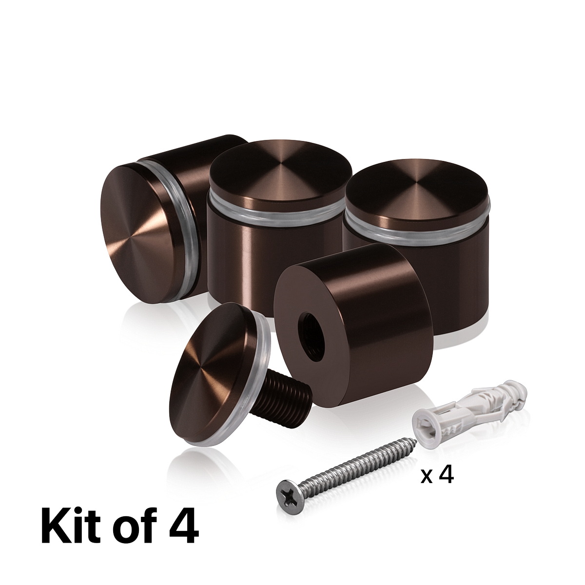 (Set of 4) 1-1/4'' Diameter X 3/4'' Barrel Length, Aluminum Rounded Head Standoffs, Bronze Anodized Finish Standoff with (4) 2216Z Screws and (4) LANC1 Anchors for concrete or drywall (For Inside / Outside use) [Required Material Hole Size: 7/16'']