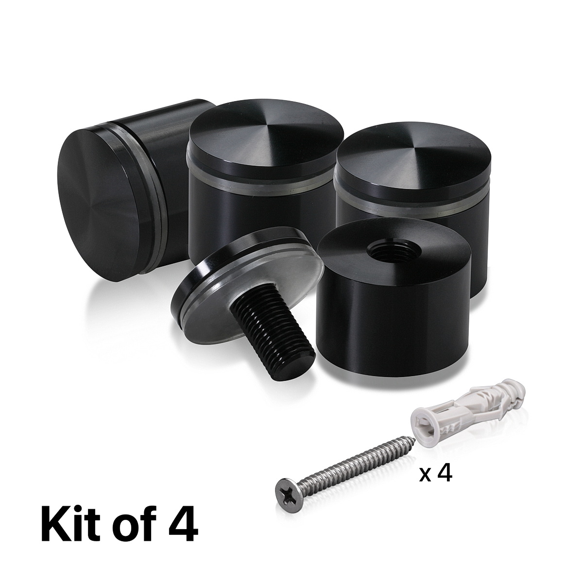 (Set of 4) 1-1/4'' Diameter X 3/4'' Barrel Length, Aluminum Rounded Head Standoffs, Black Anodized Finish Standoff with (4) 2216Z Screws and (4) LANC1 Anchors for concrete or drywall (For Inside / Outside use) [Required Material Hole Size: 7/16'']