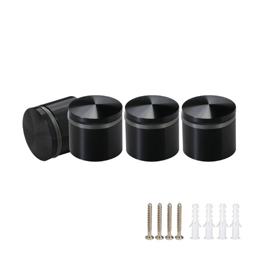 (Set of 4) 1-1/4'' Diameter X 3/4'' Barrel Length, Aluminum Rounded Head Standoffs, Black Anodized Finish Standoff with (4) 2216Z Screws and (4) LANC1 Anchors for concrete or drywall (For Inside / Outside use) [Required Material Hole Size: 7/16'']