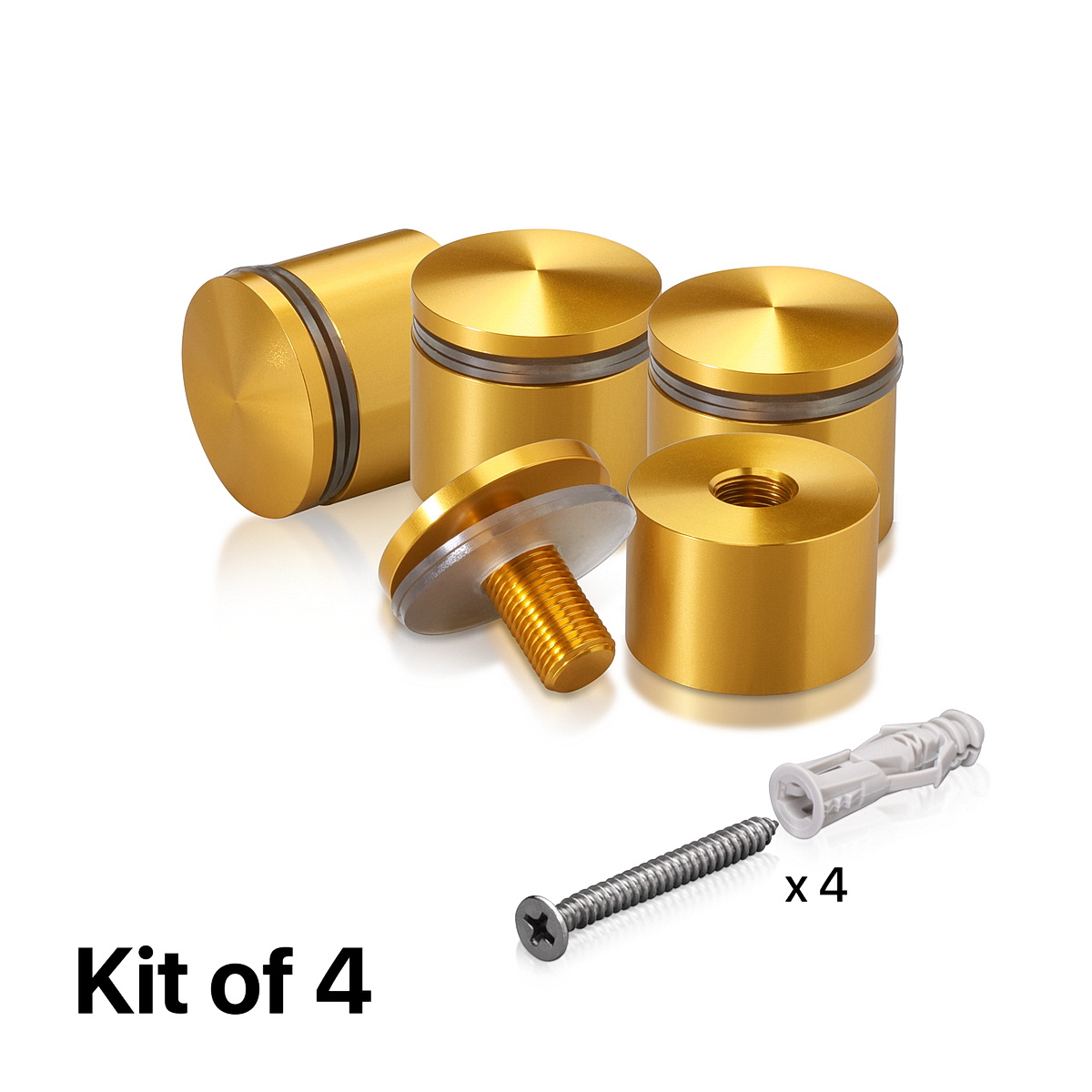(Set of 4) 1-1/4'' Diameter X 3/4'' Barrel Length, Aluminum Rounded Head Standoffs, Gold Anodized Finish Standoff with (4) 2216Z Screws and (4) LANC1 Anchors for concrete or drywall (For Inside / Outside use) [Required Material Hole Size: 7/16'']