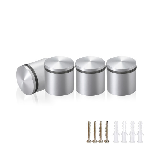 (Set of 4) 1-1/4'' Diameter X 1'' Barrel Length, Aluminum Rounded Head Standoffs, Clear Anodized Finish Standoff with (4) 2216Z Screws and (4) LANC1 Anchors for concrete or drywall (For Inside / Outside use) [Required Material Hole Size: 7/16'']