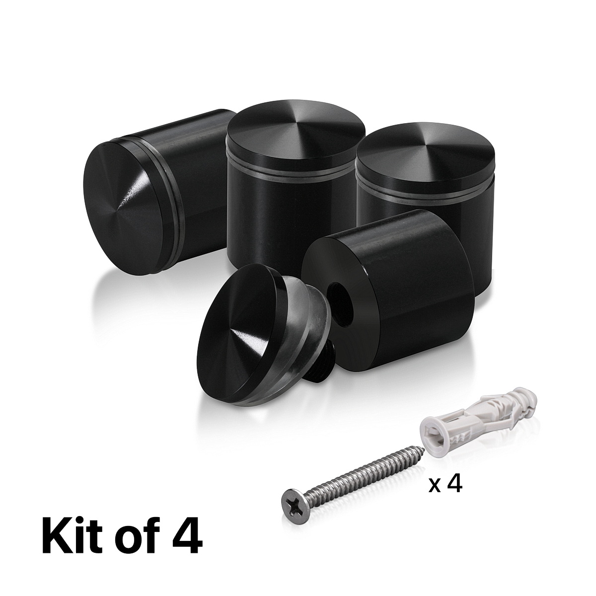 (Set of 4) 1-1/4'' Diameter X 1'' Barrel Length, Aluminum Rounded Head Standoffs, Black Anodized Finish Standoff with (4) 2216Z Screws and (4) LANC1 Anchors for concrete or drywall (For Inside / Outside use) [Required Material Hole Size: 7/16'']