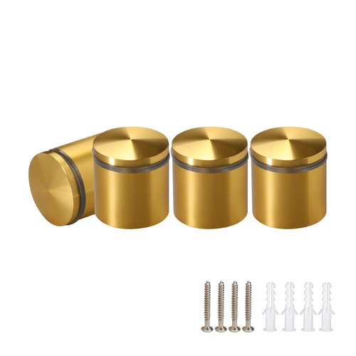 (Set of 4) 1-1/4'' Diameter X 1'' Barrel Length, Aluminum Rounded Head Standoffs, Gold Anodized Finish Standoff with (4) 2216Z Screws and (4) LANC1 Anchors for concrete or drywall (For Inside / Outside use) [Required Material Hole Size: 7/16'']