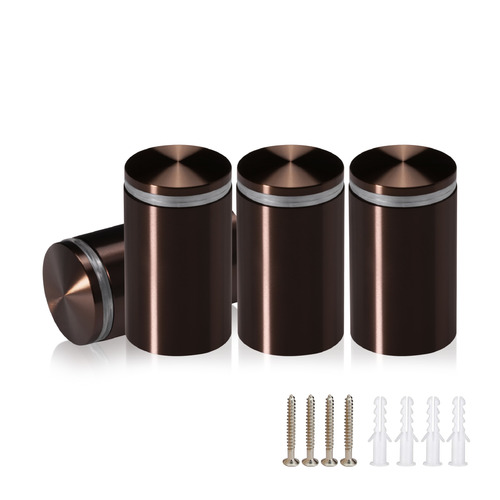 (Set of 4) 1-1/4'' Diameter X 1-3/4'' Barrel Length, Aluminum Rounded Head Standoffs, Bronze Anodized Finish Standoff with (4) 2216Z Screws and (4) LANC1 Anchors for concrete or drywall (For Inside / Outside use) [Required Material Hole Size: 7/16'']