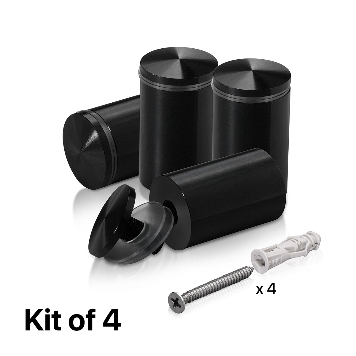 (Set of 4) 1-1/4'' Diameter X 1-3/4'' Barrel Length, Aluminum Rounded Head Standoffs, Black Anodized Finish Standoff with (4) 2216Z Screws and (4) LANC1 Anchors for concrete or drywall (For Inside / Outside use) [Required Material Hole Size: 7/16'']