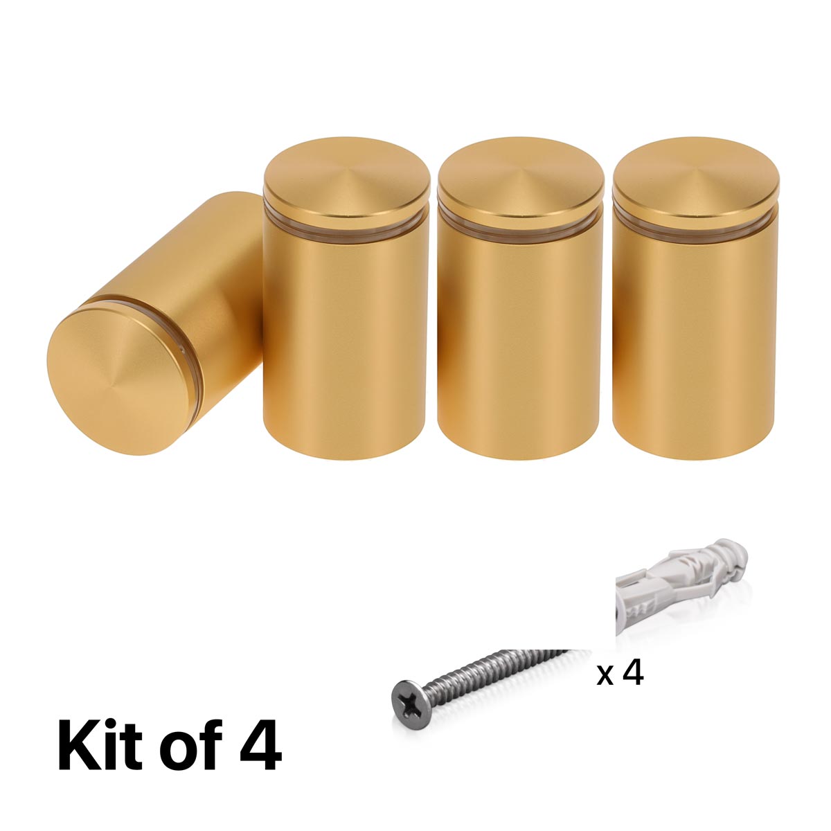(Set of 4) 1-1/4'' Diameter X 1-3/4'' Barrel Length, Alumi. Rounded Head Standoffs, Matte Champagne Anodized Finish Standoff with (4) 2216Z Screws and (4) LANC1 Anchors for concrete or drywall (For In / Out use) [Required Material Hole Size: 7/16'']