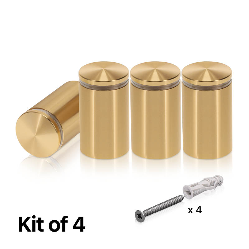 (Set of 4) 1-1/4'' Diameter X 1-3/4'' Barrel Length, Aluminum Rounded Head Standoffs, Champagne Anodized Finish Standoff with (4) 2216Z Screws and (4) LANC1 Anchors for concrete or drywall (For Inside / Outside use) [Required Material Hole Size: 7/16'']