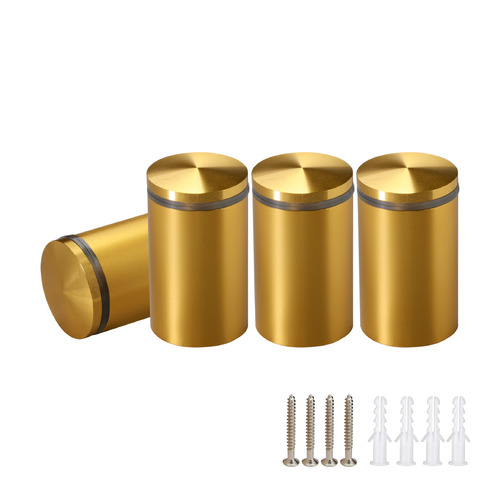 (Set of 4) 1-1/4'' Diameter X 1-3/4'' Barrel Length, Aluminum Rounded Head Standoffs, Gold Anodized Finish Standoff with (4) 2216Z Screws and (4) LANC1 Anchors for concrete or drywall (For Inside / Outside use) [Required Material Hole Size: 7/16'']