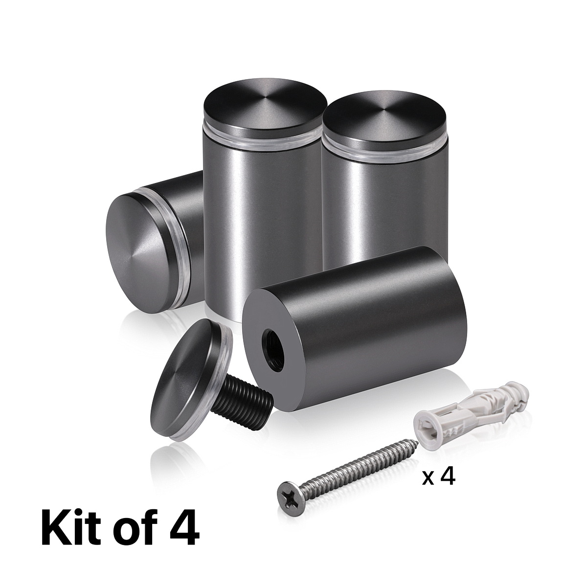 (Set of 4) 1-1/4'' Diameter X 1-3/4'' Barrel Length, Aluminum Rounded Head Standoffs, Titanium Anodized Finish Standoff with (4) 2216Z Screws and (4) LANC1 Anchors for concrete or drywall (For Inside / Outside use) [Required Material Hole Size: 7/16'']