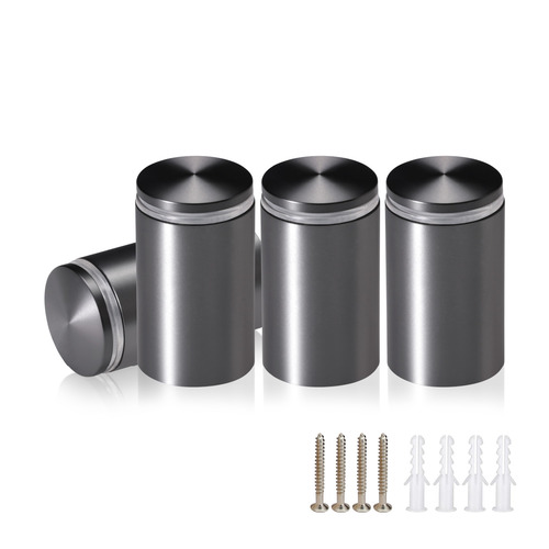 (Set of 4) 1-1/4'' Diameter X 1-3/4'' Barrel Length, Aluminum Rounded Head Standoffs, Titanium Anodized Finish Standoff with (4) 2216Z Screws and (4) LANC1 Anchors for concrete or drywall (For Inside / Outside use) [Required Material Hole Size: 7/16'']
