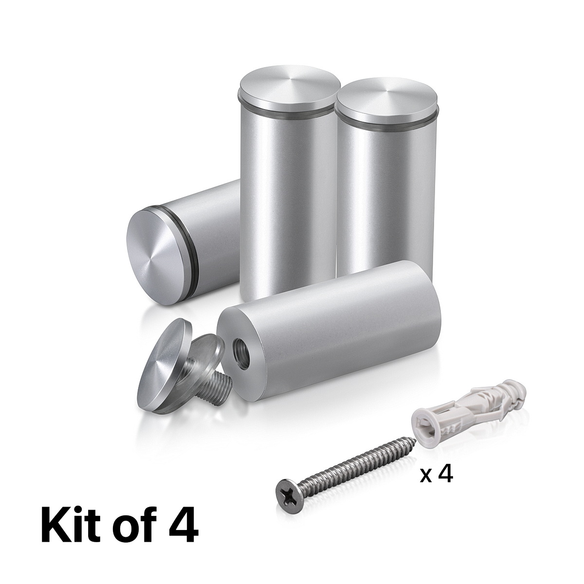 (Set of 4) 1-1/4'' Diameter X 2-1/2'' Barrel Length, Aluminum Rounded Head Standoffs, Clear Anodized Finish Standoff with (4) 2216Z Screws and (4) LANC1 Anchors for concrete or drywall (For Inside / Outside use) [Required Material Hole Size: 7/16'']