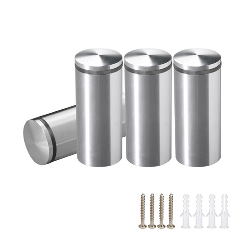 (Set of 4) 1-1/4'' Diameter X 2-1/2'' Barrel Length, Aluminum Rounded Head Standoffs, Shiny Anodized Finish Standoff with (4) 2216Z Screws and (4) LANC1 Anchors for concrete or drywall (For Inside / Outside use) [Required Material Hole Size: 7/16'']