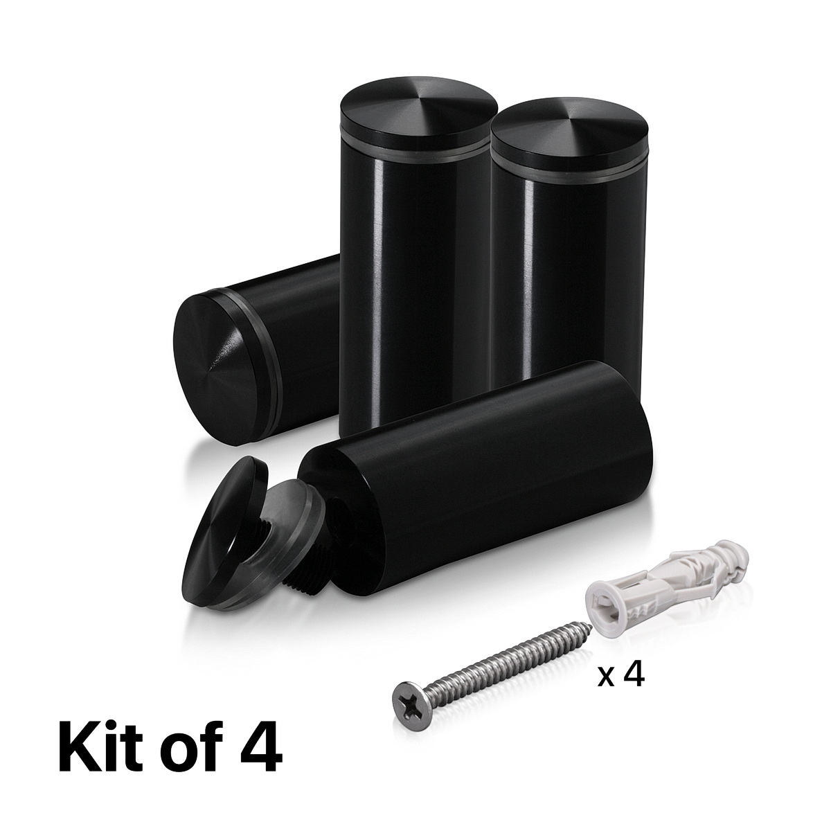 (Set of 4) 1-1/4'' Diameter X 2-1/2'' Barrel Length, Aluminum Rounded Head Standoffs, Black Anodized Finish Standoff with (4) 2216Z Screws and (4) LANC1 Anchors for concrete or drywall (For Inside / Outside use) [Required Material Hole Size: 7/16'']