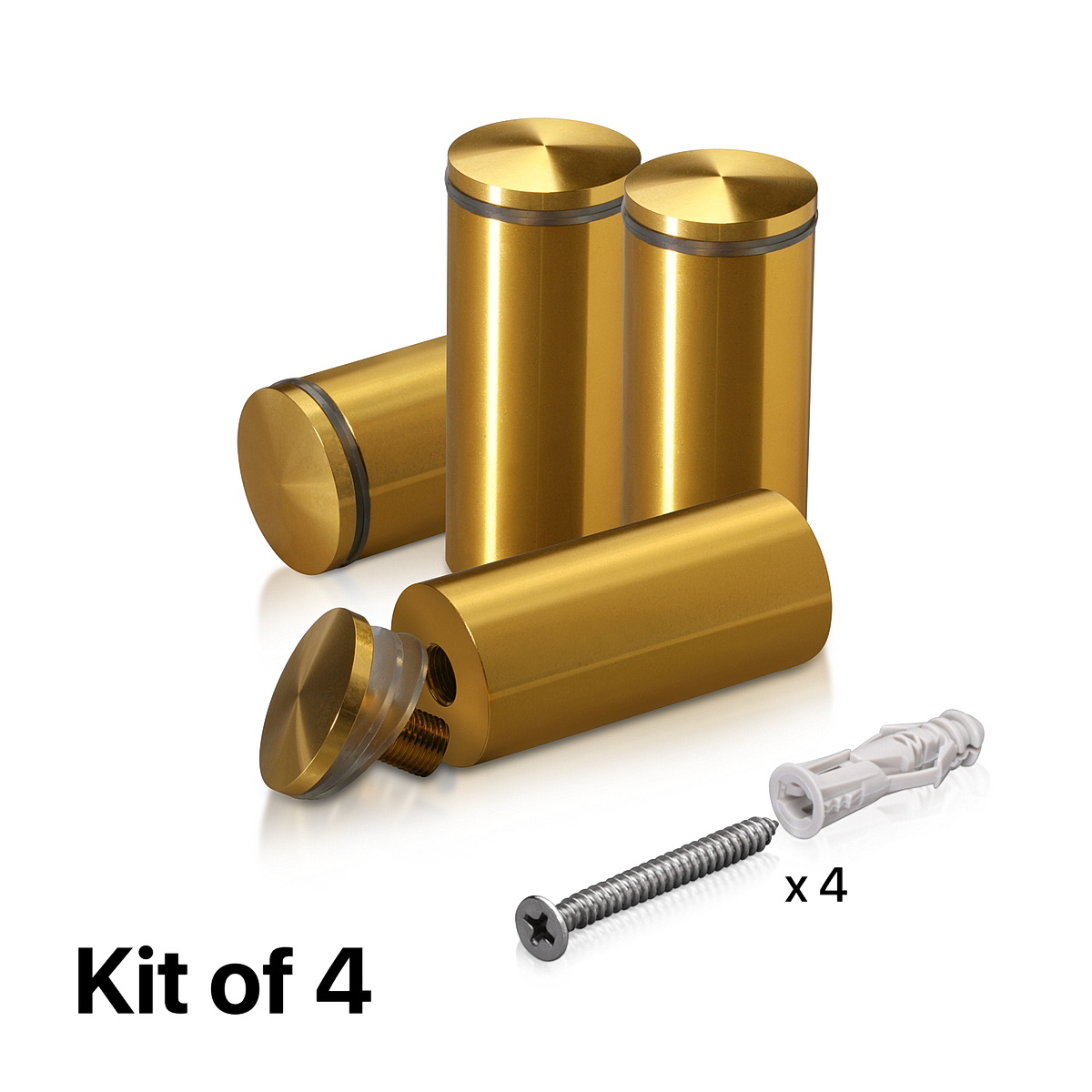 (Set of 4) 1-1/4'' Diameter X 2-1/2'' Barrel Length, Aluminum Rounded Head Standoffs, Gold Anodized Finish Standoff with (4) 2216Z Screws and (4) LANC1 Anchors for concrete or drywall (For Inside / Outside use) [Required Material Hole Size: 7/16'']
