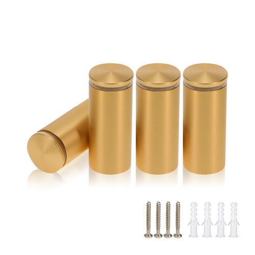 (Set of 4) 1-1/4'' Diameter X 2-1/2'' Barrel Length, Alumi. Rounded Head Standoffs, Matte Champagne Anodized Finish Standoff with (4) 2216Z Screws and (4) LANC1 Anchors for concrete or drywall (For In / Out use) [Required Material Hole Size: 7/16'']