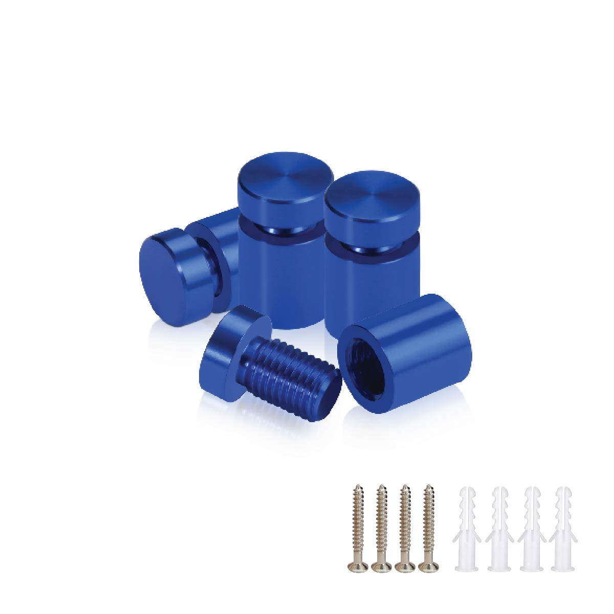 (Set of 4) 1/2'' Diameter X 1/2'' Barrel Length, Affordable Aluminum Standoffs, Blue Anodized Finish Standoff and (4) 2208Z Screw and (4) LANC1 Anchor for concrete/drywall (For Inside/Outside) [Required Material Hole Size: 3/8'']