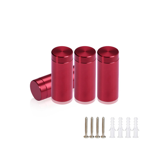 (Set of 4) 1/2'' Diameter X 1'' Barrel Length, Affordable Aluminum Standoffs, Cherry Red Anodized Finish Standoff and (4) 2208Z Screw and (4) LANC1 Anchor for concrete/drywall (For Inside/Outside) [Required Material Hole Size: 3/8'']