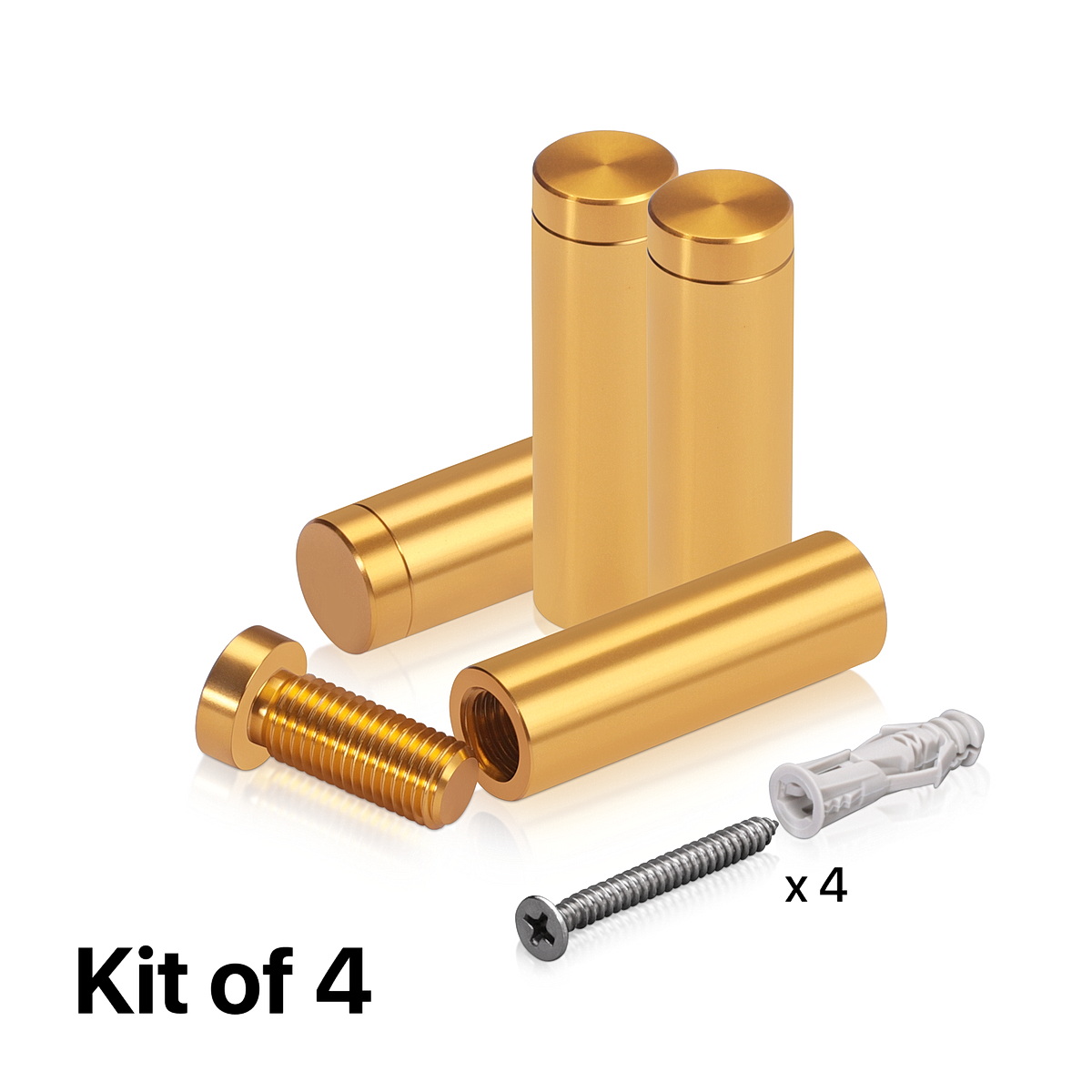 (Set of 4) 1/2'' Diameter X 1-1/2'' Barrel Length, Affordable Aluminum Standoffs, Gold Anodized Finish Standoff and (4) 2208Z Screw and (4) LANC1 Anchor for concrete/drywall (For Inside/Outside) [Required Material Hole Size: 3/8'']