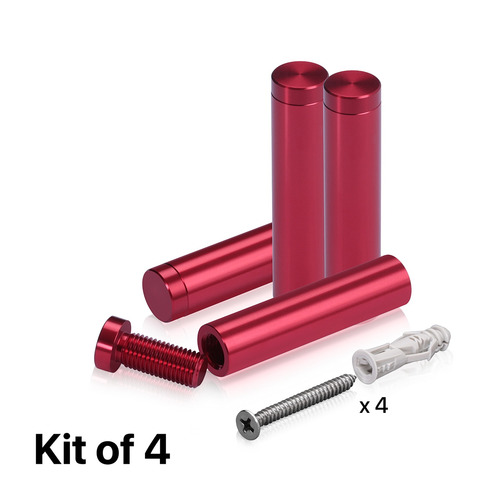 (Set of 4) 1/2'' Diameter X 2'' Barrel Length, Affordable Aluminum Standoffs, Cherry Red Anodized Finish Standoff and (4) 2208Z Screw and (4) LANC1 Anchor for concrete/drywall (For Inside/Outside) [Required Material Hole Size: 3/8'']