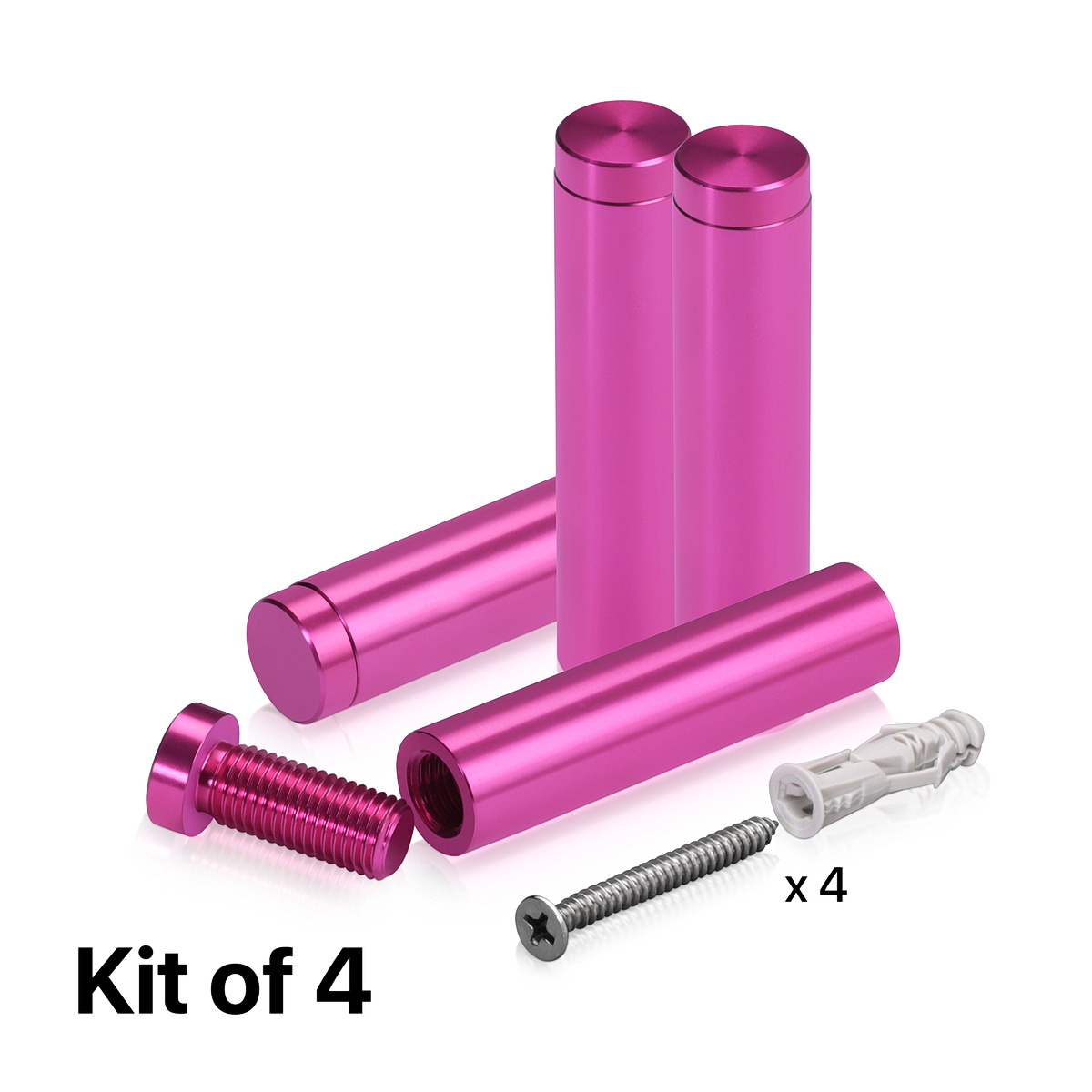 (Set of 4) 1/2'' Diameter X 2'' Barrel Length, Affordable Aluminum Standoffs, Rosy Pink Anodized Finish Standoff and (4) 2208Z Screw and (4) LANC1 Anchor for concrete/drywall (For Inside/Outside) [Required Material Hole Size: 3/8'']