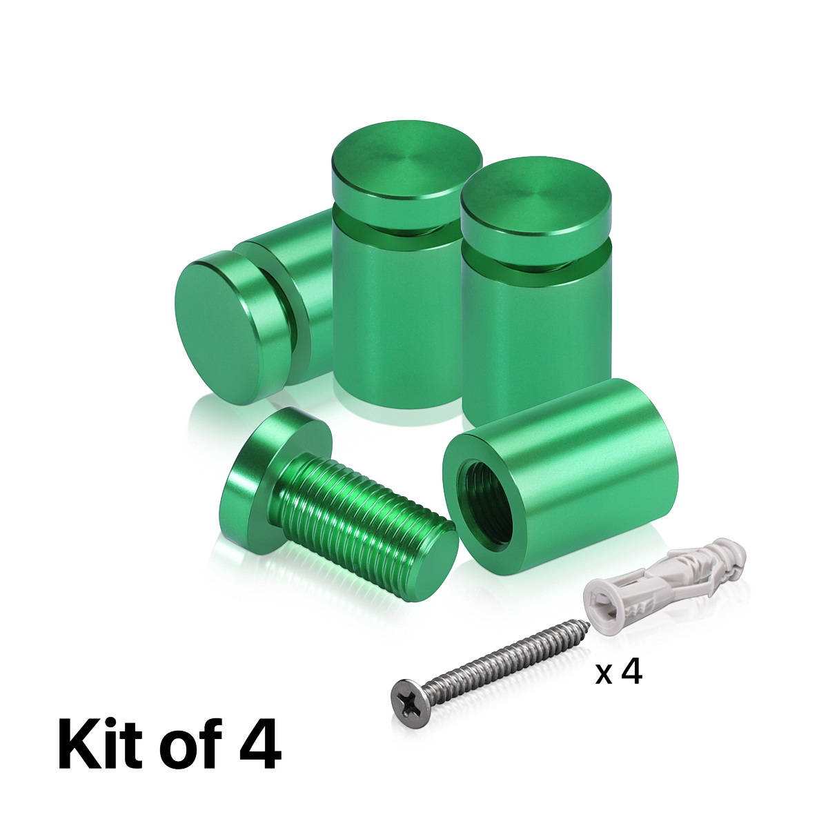 (Set of 4) 5/8'' Diameter X 3/4'' Barrel Length, Affordable Aluminum Standoffs, Green Anodized Finish Standoff and (4) 2208Z Screw and (4) LANC1 Anchor for concrete/drywall (For Inside/Outside) [Required Material Hole Size: 7/16'']