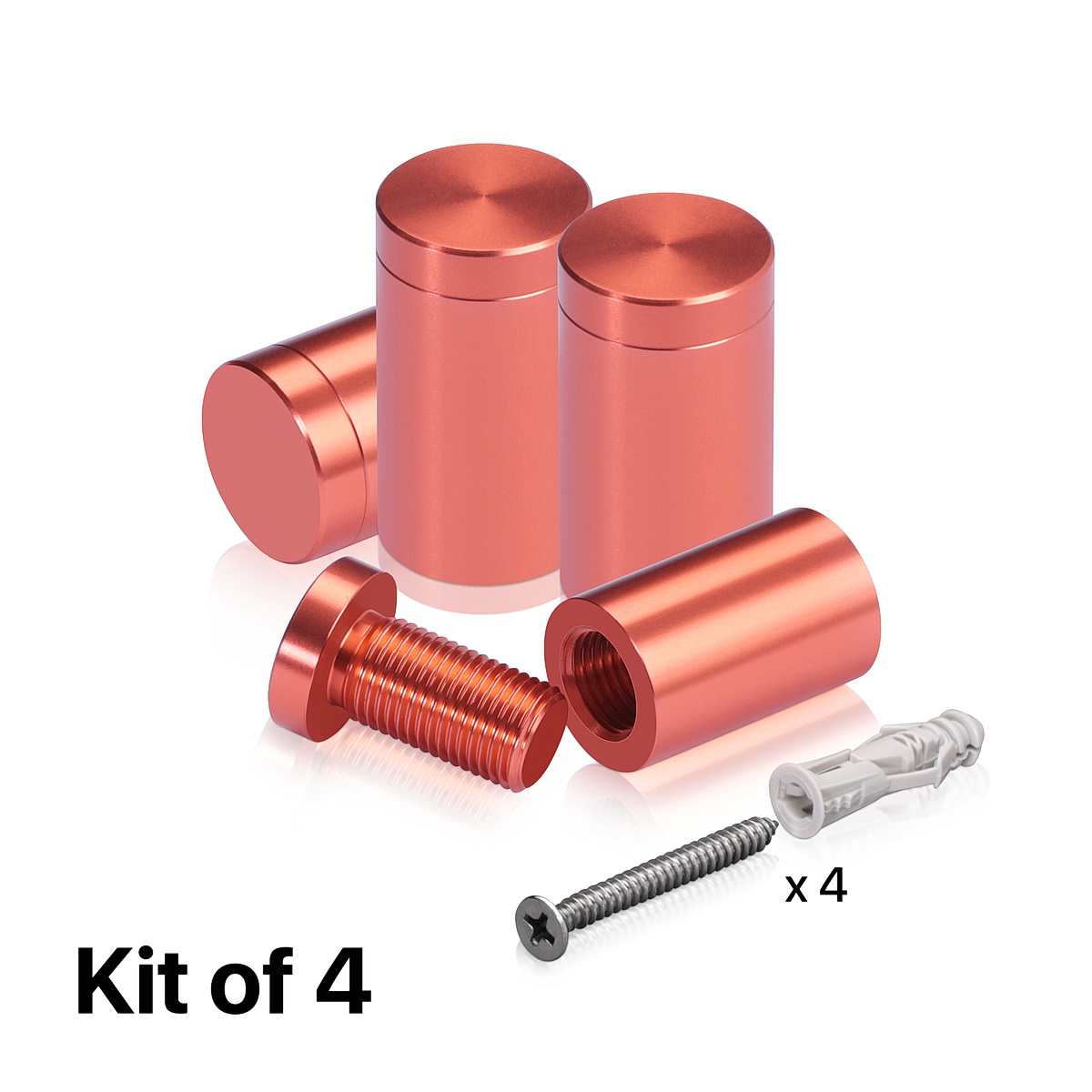 (Set of 4) 5/8'' Diameter X 1'' Barrel Length, Affordable Aluminum Standoffs, Copper Anodized Finish Standoff and (4) 2208Z Screw and (4) LANC1 Anchor for concrete/drywall (For Inside/Outside) [Required Material Hole Size: 7/16'']