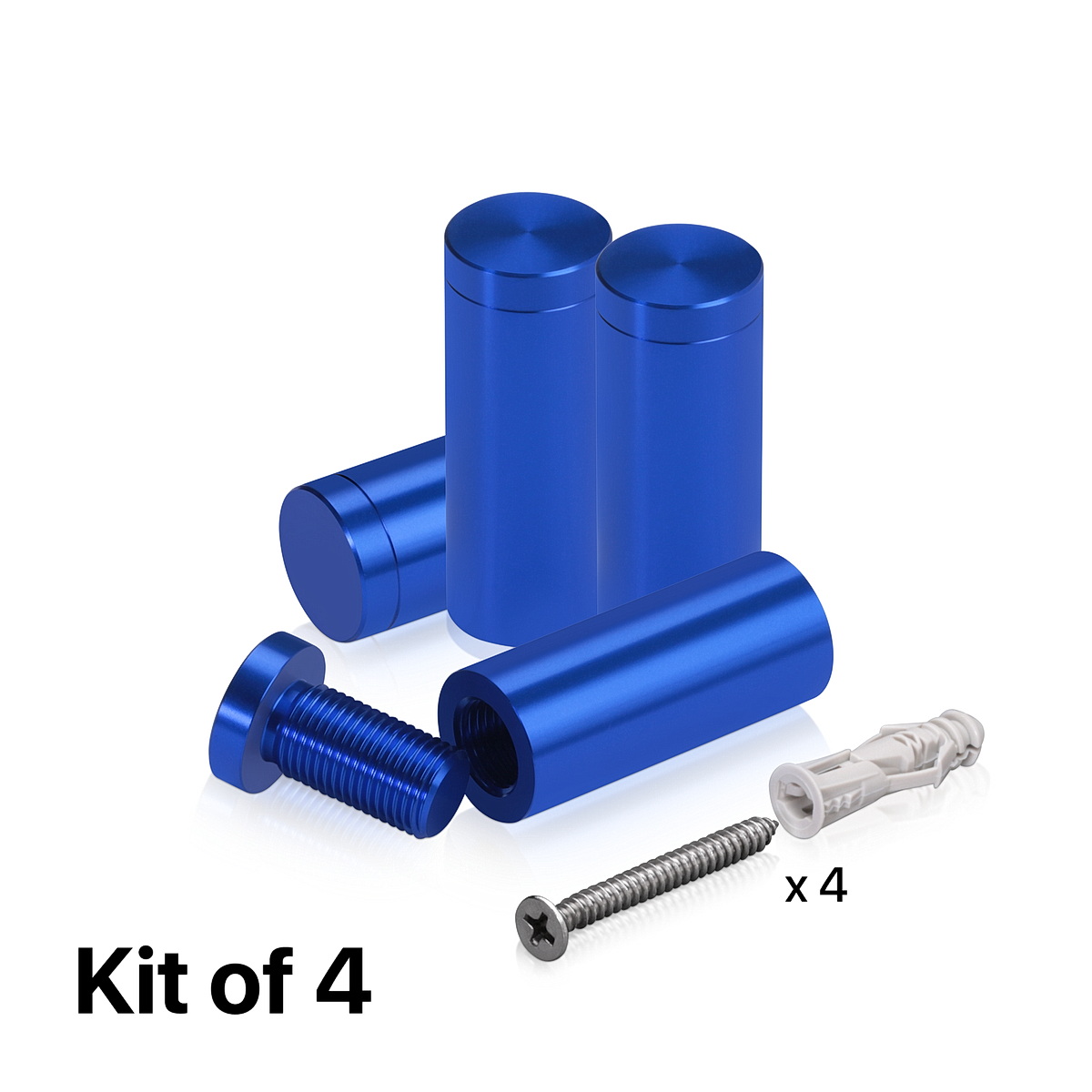 (Set of 4) 5/8'' Diameter X 1-1/2'' Barrel Length, Affordable Aluminum Standoffs, Blue Anodized Finish Standoff and (4) 2208Z Screw and (4) LANC1 Anchor for concrete/drywall (For Inside/Outside) [Required Material Hole Size: 7/16'']
