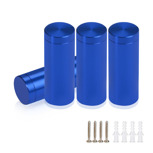 (Set of 4) 5/8'' Diameter X 1-1/2'' Barrel Length, Affordable Aluminum Standoffs, Blue Anodized Finish Standoff and (4) 2208Z Screw and (4) LANC1 Anchor for concrete/drywall (For Inside/Outside) [Required Material Hole Size: 7/16'']