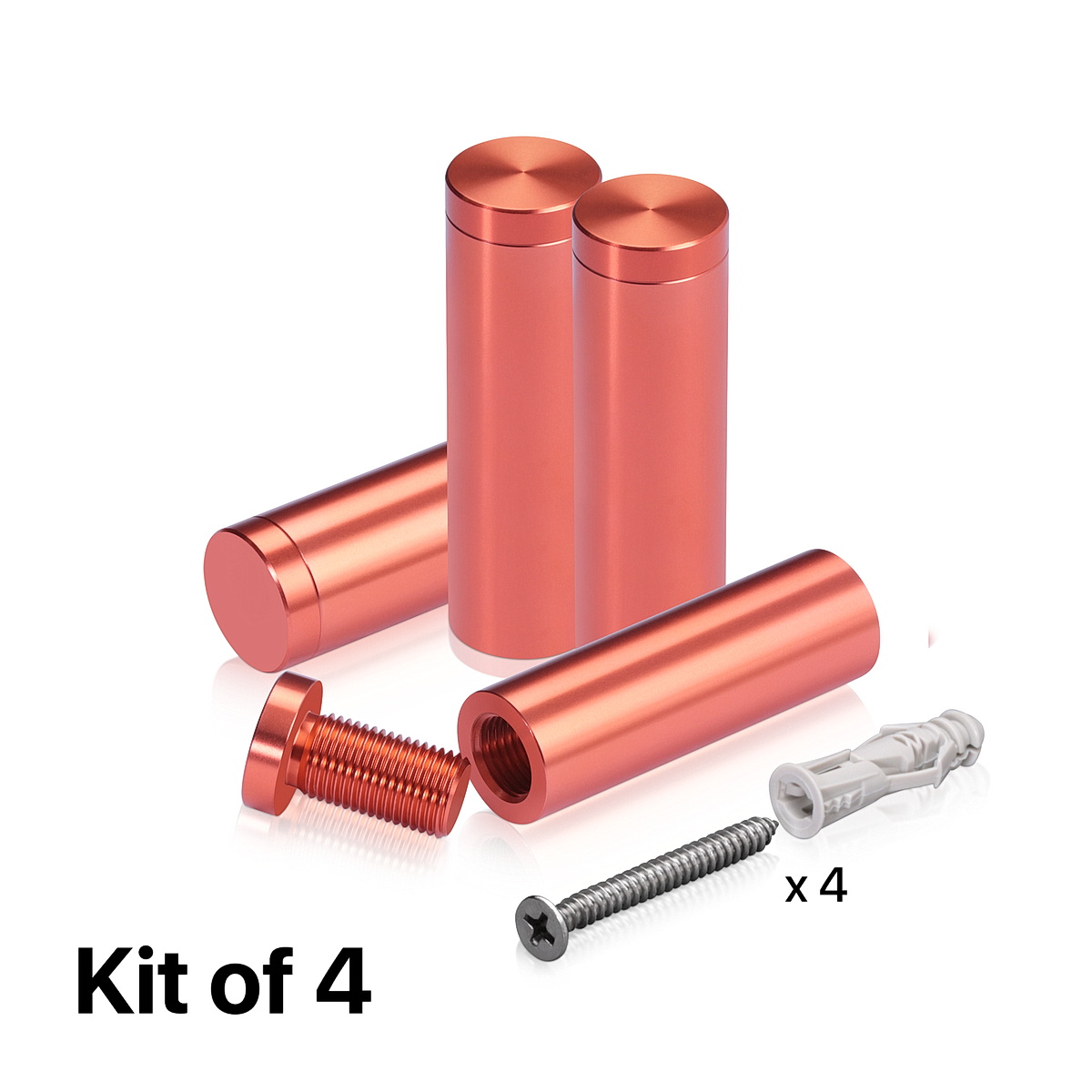 (Set of 4) 5/8'' Diameter X 2'' Barrel Length, Affordable Aluminum Standoffs, Copper Anodized Finish Standoff and (4) 2208Z Screw and (4) LANC1 Anchor for concrete/drywall (For Inside/Outside) [Required Material Hole Size: 7/16'']