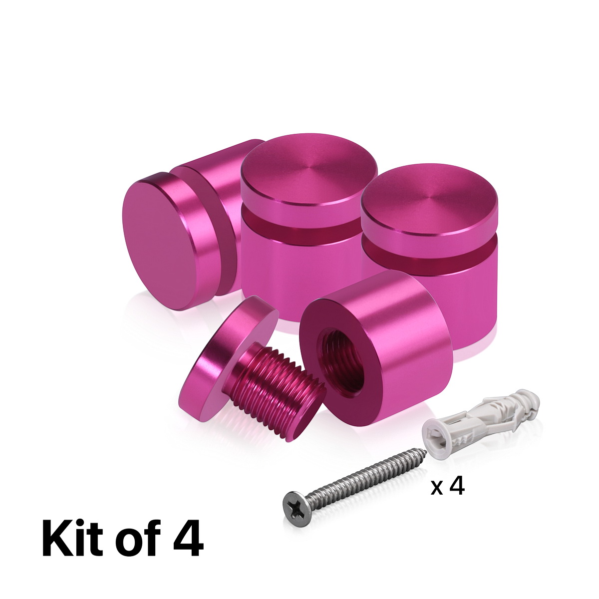 (Set of 4) 3/4'' Diameter X 1/2'' Barrel Length, Affordable Aluminum Standoffs, Rosy Pink Anodized Finish Standoff and (4) 2216Z Screws and (4) LANC1 Anchors for concrete/drywall (For Inside/Outside) [Required Material Hole Size: 7/16'']