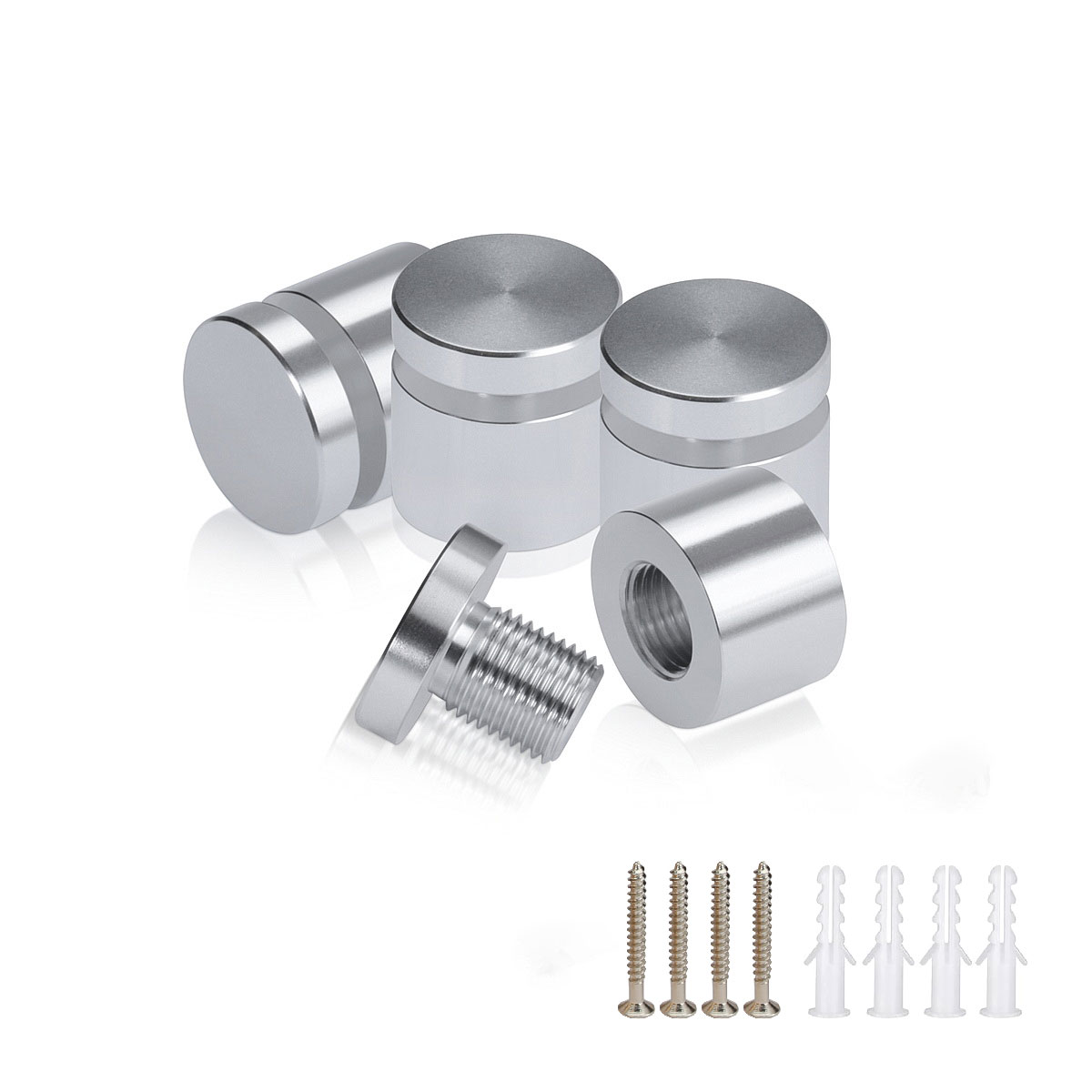 (Set of 4) 3/4'' Diameter X 1/2'' Barrel Length, Affordable Aluminum Standoffs, Silver Anodized Finish Standoff and (4) 2216Z Screws and (4) LANC1 Anchors for concrete/drywall (For Inside/Outside) [Required Material Hole Size: 7/16'']