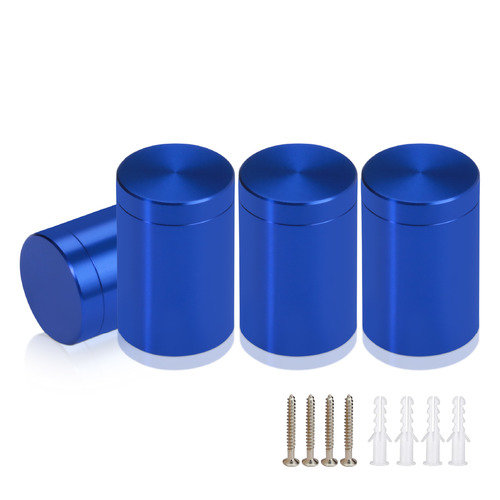 (Set of 4) 3/4'' Diameter X 1'' Barrel Length, Affordable Aluminum Standoffs, Blue Anodized Finish Standoff and (4) 2216Z Screws and (4) LANC1 Anchors for concrete/drywall (For Inside/Outside) [Required Material Hole Size: 7/16'']