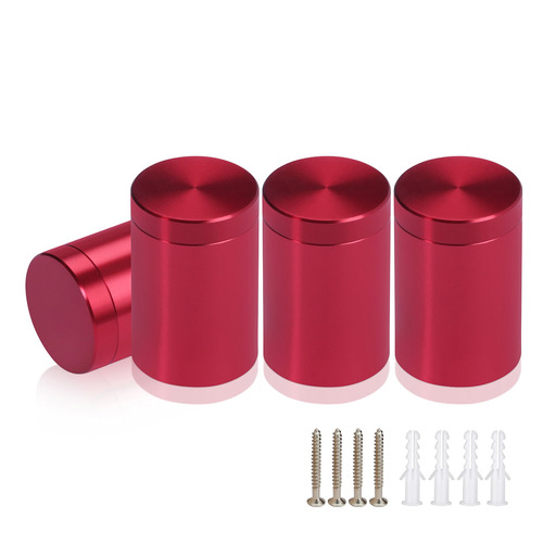 (Set of 4) 3/4'' Diameter X 1'' Barrel Length, Affordable Aluminum Standoffs, Cherry Red Anodized Finish Standoff and (4) 2216Z Screws and (4) LANC1 Anchors for concrete/drywall (For Inside/Outside) [Required Material Hole Size: 7/16'']
