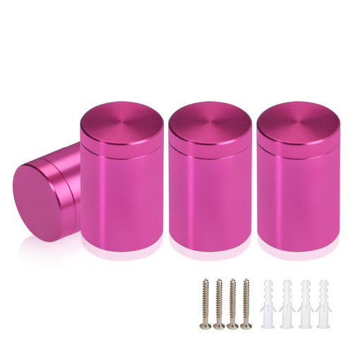 (Set of 4) 3/4'' Diameter X 1'' Barrel Length, Affordable Aluminum Standoffs, Rosy Pink Anodized Finish Standoff and (4) 2216Z Screws and (4) LANC1 Anchors for concrete/drywall (For Inside/Outside) [Required Material Hole Size: 7/16'']
