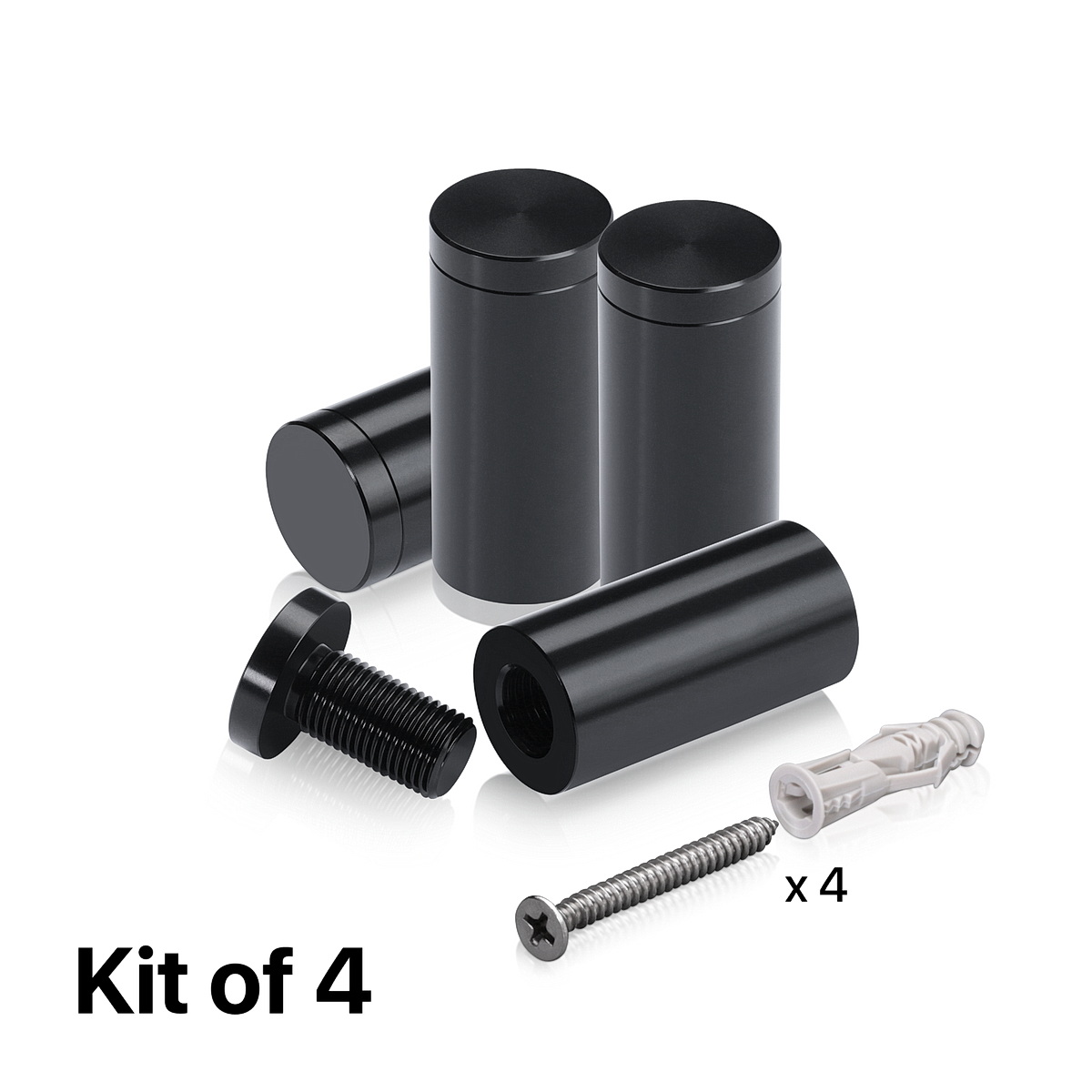 (Set of 4) 3/4'' Diameter X 1-1/2'' Barrel Length, Affordable Aluminum Standoffs, Black Anodized Finish Standoff and (4) 2216Z Screws and (4) LANC1 Anchors for concrete/drywall (For Inside/Outside) [Required Material Hole Size: 7/16'']