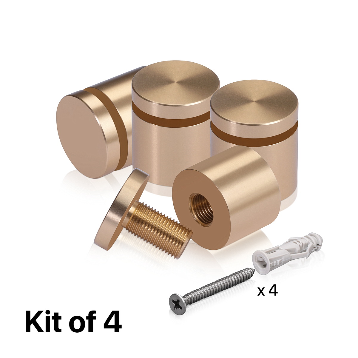 (Set of 4) 1'' Diameter X 3/4'' Barrel Length, Affordable Aluminum Standoffs, Champagne Anodized Finish Standoff and (4) 2216Z Screws and (4) LANC1 Anchors for concrete/drywall (For Inside/Outside) [Required Material Hole Size: 7/16'']