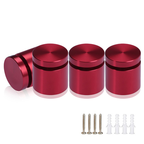 (Set of 4) 1'' Diameter X 3/4'' Barrel Length, Affordable Aluminum Standoffs, Cherry Red Anodized Finish Standoff and (4) 2216Z Screws and (4) LANC1 Anchors for concrete/drywall (For Inside/Outside) [Required Material Hole Size: 7/16'']