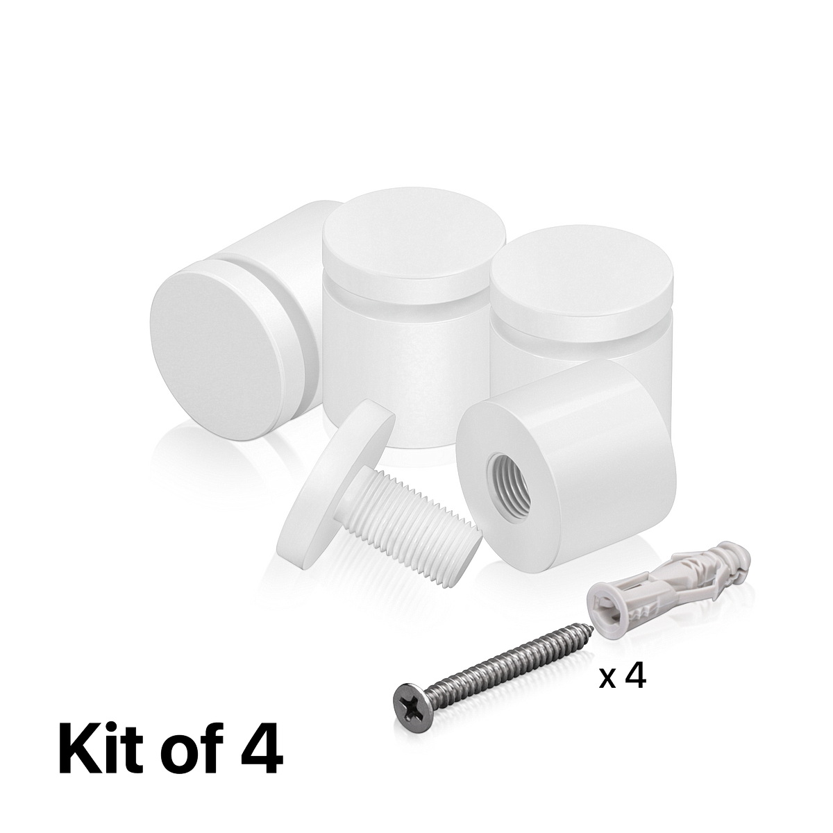 (Set of 4) 1'' Diameter X 3/4'' Barrel Length, Affordable Aluminum Standoffs, White Coated Finish Standoff and (4) 2216Z Screws and (4) LANC1 Anchors for concrete/drywall (For Inside/Outside) [Required Material Hole Size: 7/16'']