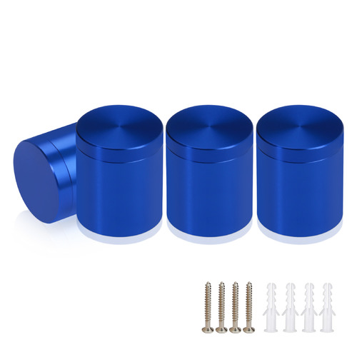 (Set of 4) 1'' Diameter X 1'' Barrel Length, Affordable Aluminum Standoffs, Blue Anodized Finish Standoff and (4) 2216Z Screws and (4) LANC1 Anchors for concrete/drywall (For Inside/Outside) [Required Material Hole Size: 7/16'']