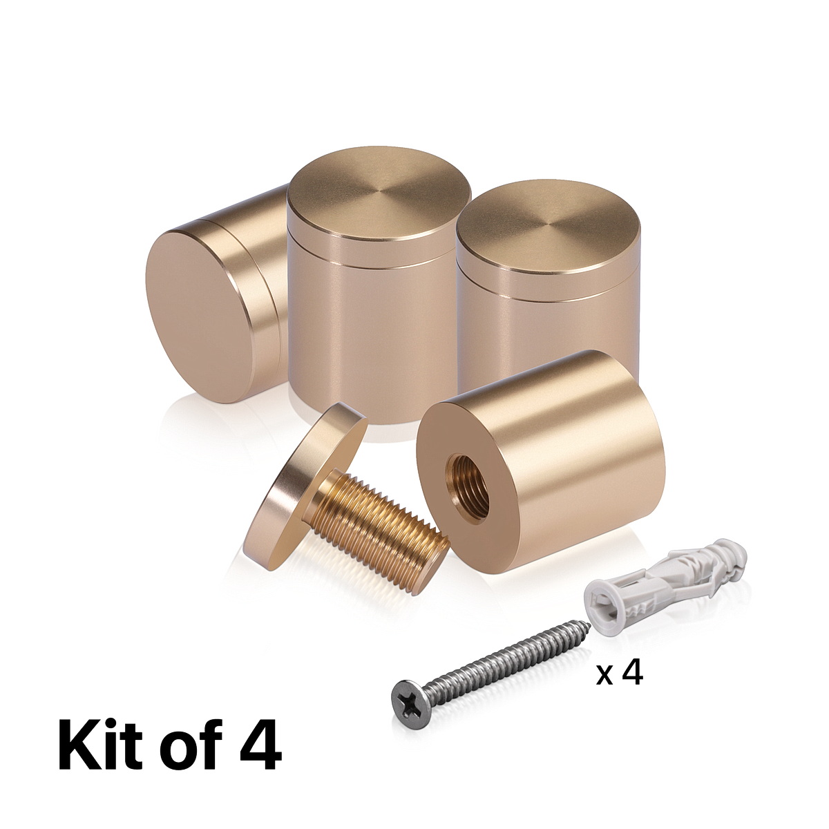 (Set of 4) 1'' Diameter X 1'' Barrel Length, Affordable Aluminum Standoffs, Champagne Anodized Finish Standoff and (4) 2216Z Screws and (4) LANC1 Anchors for concrete/drywall (For Inside/Outside) [Required Material Hole Size: 7/16'']