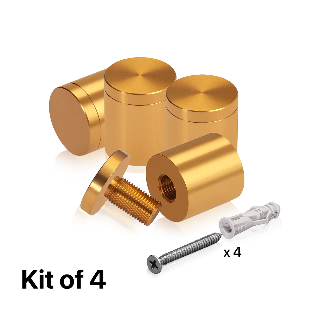 (Set of 4) 1'' Diameter X 1'' Barrel Length, Affordable Aluminum Standoffs, Gold Anodized Finish Standoff and (4) 2216Z Screws and (4) LANC1 Anchors for concrete/drywall (For Inside/Outside) [Required Material Hole Size: 7/16'']