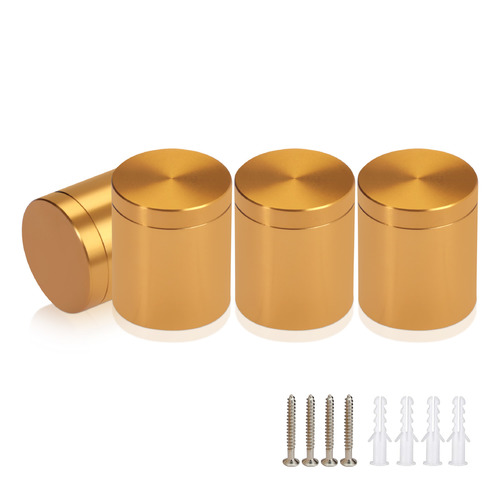 (Set of 4) 1'' Diameter X 1'' Barrel Length, Affordable Aluminum Standoffs, Gold Anodized Finish Standoff and (4) 2216Z Screws and (4) LANC1 Anchors for concrete/drywall (For Inside/Outside) [Required Material Hole Size: 7/16'']