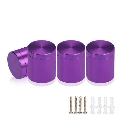 (Set of 4) 1'' Diameter X 1'' Barrel Length, Affordable Aluminum Standoffs, Purple Anodized Finish Standoff and (4) 2216Z Screws and (4) LANC1 Anchors for concrete/drywall (For Inside/Outside) [Required Material Hole Size: 7/16'']