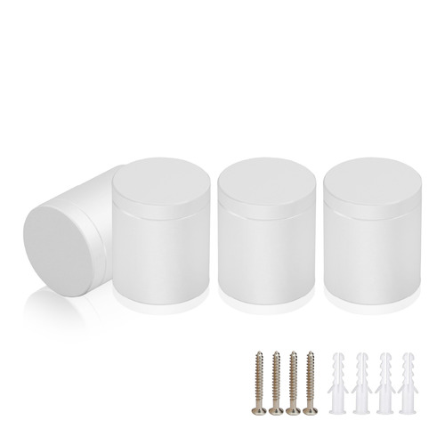 (Set of 4) 1'' Diameter X 1'' Barrel Length, Affordable Aluminum Standoffs, White Coated Finish Standoff and (4) 2216Z Screws and (4) LANC1 Anchors for concrete/drywall (For Inside/Outside) [Required Material Hole Size: 7/16'']