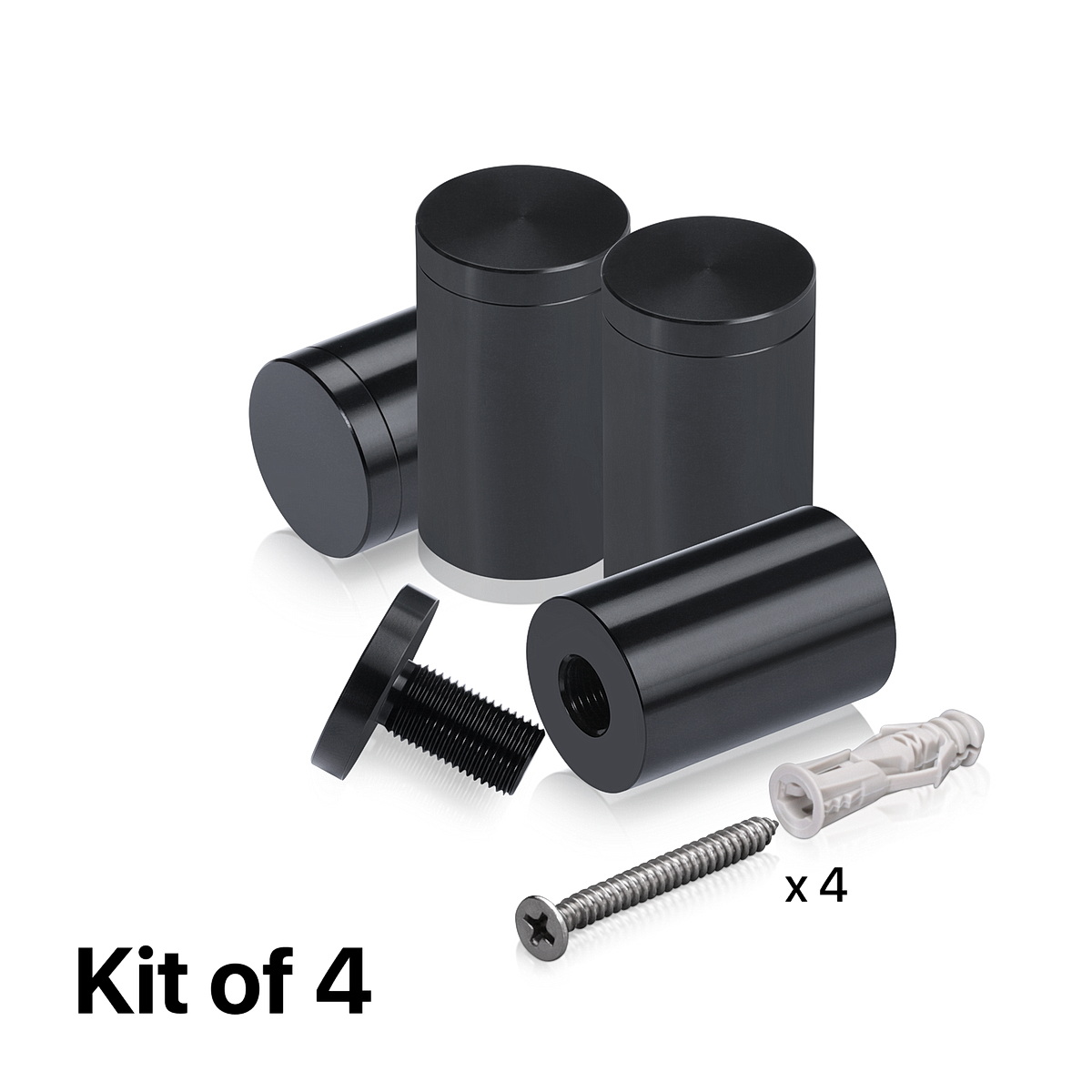 (Set of 4) 1'' Diameter X 1-1/2'' Barrel Length, Affordable Aluminum Standoffs, Black Anodized Finish Standoff and (4) 2216Z Screws and (4) LANC1 Anchors for concrete/drywall (For Inside/Outside) [Required Material Hole Size: 7/16'']
