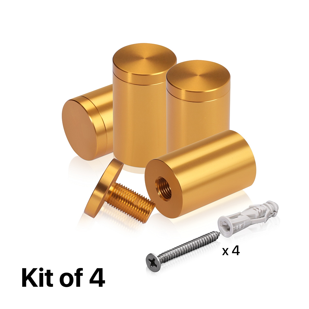 (Set of 4) 1'' Diameter X 1-1/2'' Barrel Length, Affordable Aluminum Standoffs, Gold Anodized Finish Standoff and (4) 2216Z Screws and (4) LANC1 Anchors for concrete/drywall (For Inside/Outside) [Required Material Hole Size: 7/16'']