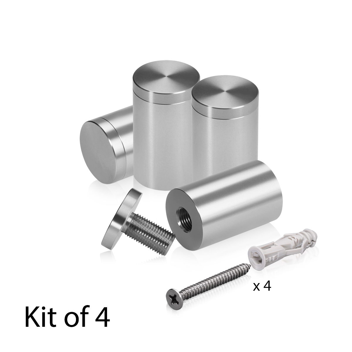 (Set of 4) 1'' Diameter X 1-1/2'' Barrel Length, Affordable Aluminum Standoffs, Steel Grey Anodized Finish Standoff and (4) 2216Z Screws and (4) LANC1 Anchors for concrete/drywall (For Inside/Outside) [Required Material Hole Size: 7/16'']